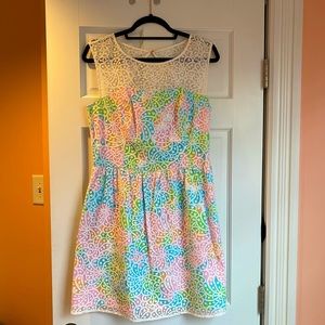 Lilly Pulitzer Morrison Lace Overlay Dress Size 10 Fit and Flare Party Blue Pink
